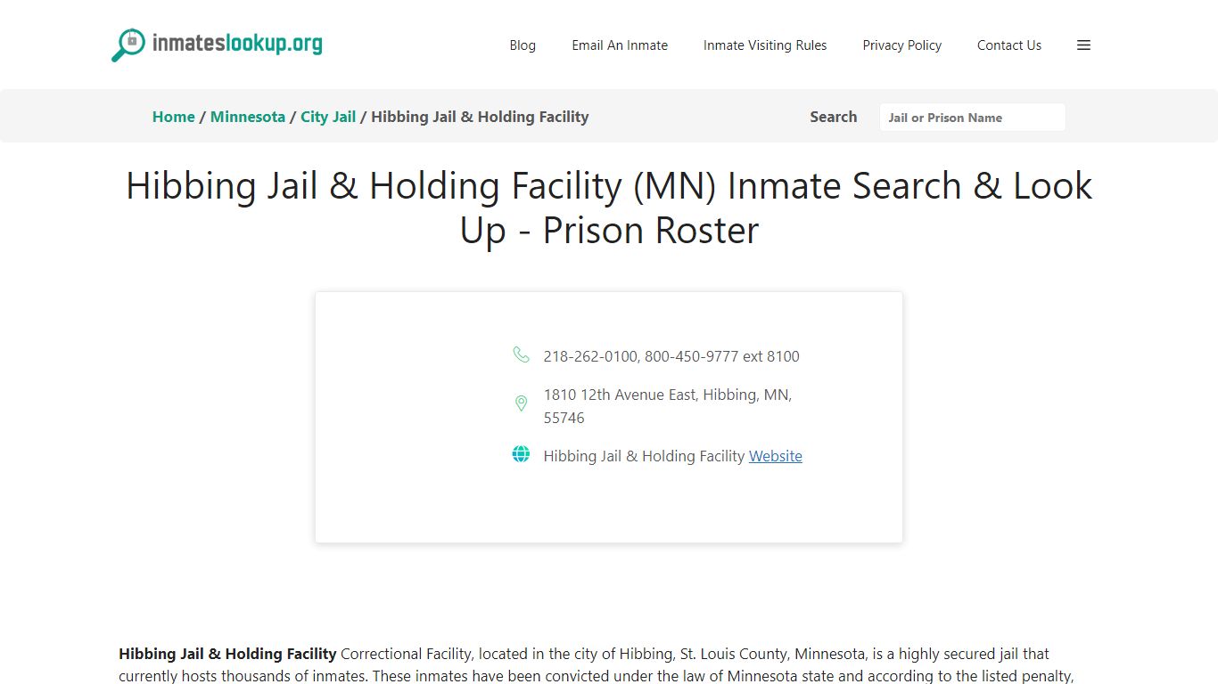 Hibbing Jail & Holding Facility (MN) Inmate Search & Look Up - Prison ...